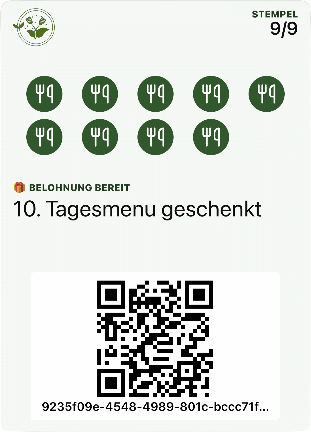 Passly-Stempelkarte im Apple Wallet: Takeaway, 9 von 9 Stempeln