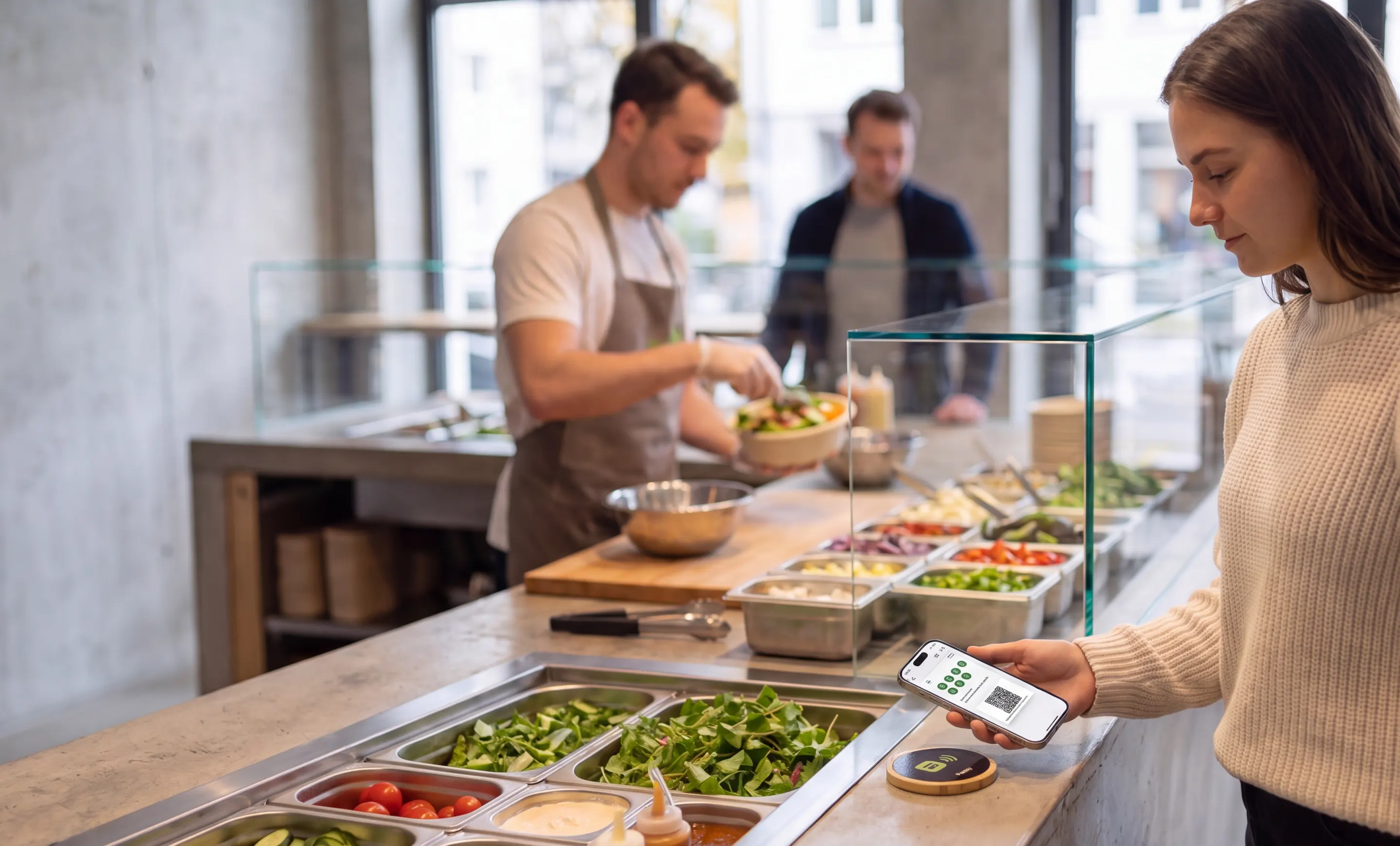 Person an der Salatbar eines Take-aways: Das Handy liegt am NFC-Tag mit Passly-Logo, auf dem Display die Stempelkarte mit den gesammelten Stempeln.